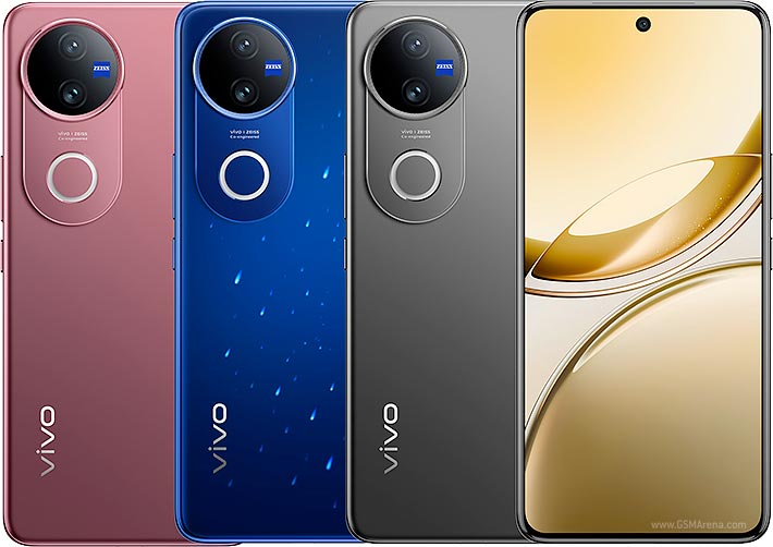GSMArena lineup of vivo V50 backs in rose, starry blue and black plus the gold front; rose is not a Kenya colour